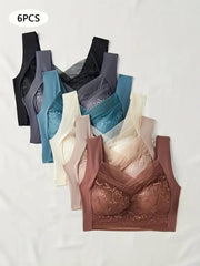 6 pics Elegant Lace Push-Up Bras For Women | Comfy Floral Lace Wire free Sports Bra, Breathable Full Coverage Yoga Bra