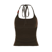 Fashion Causal Holiday Style Women Halter Tops Solid Backless Skinny Halter Beading Retro New Blouses