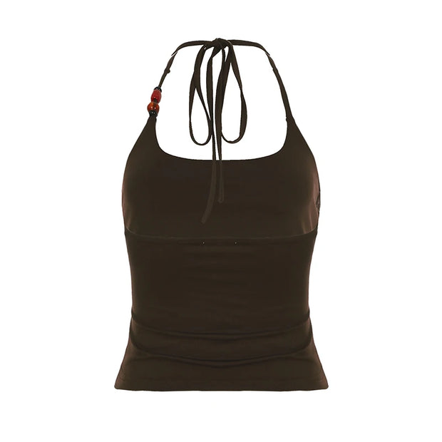 Fashion Causal Holiday Style Women Halter Tops Solid Backless Skinny Halter Beading Retro New Blouses