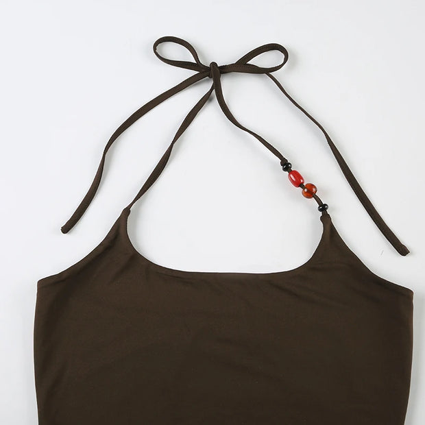 Fashion Causal Holiday Style Women Halter Tops Solid Backless Skinny Halter Beading Retro New Blouses