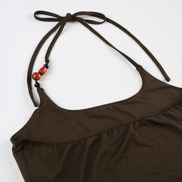 Fashion Causal Holiday Style Women Halter Tops Solid Backless Skinny Halter Beading Retro New Blouses
